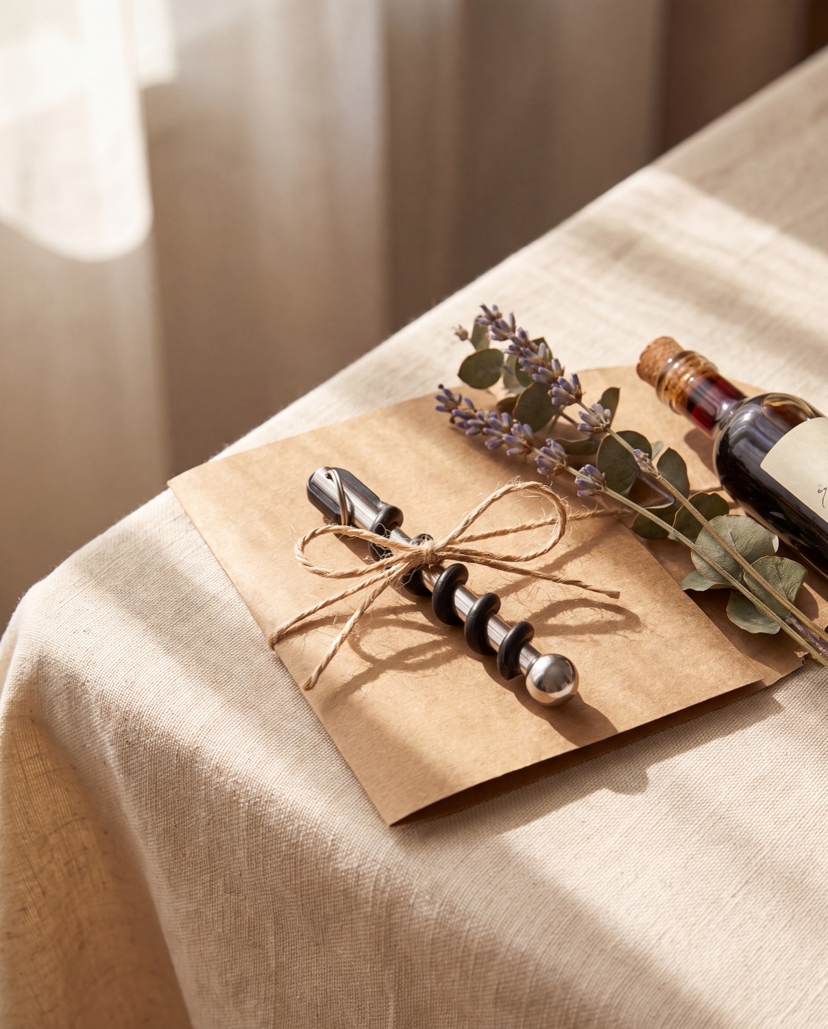 Corklet corkscrew tied with twine as a small gift