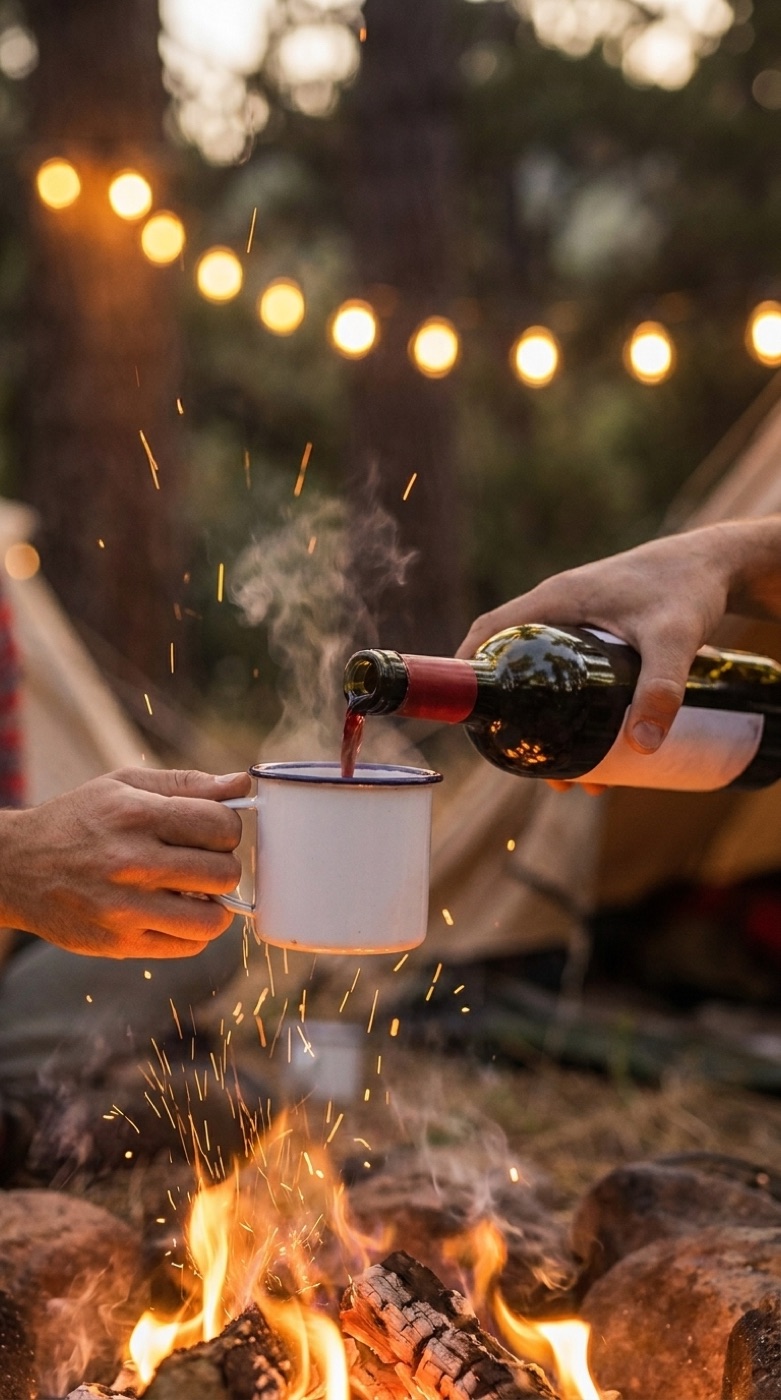 Wine poured into an enamel mug by the campfire