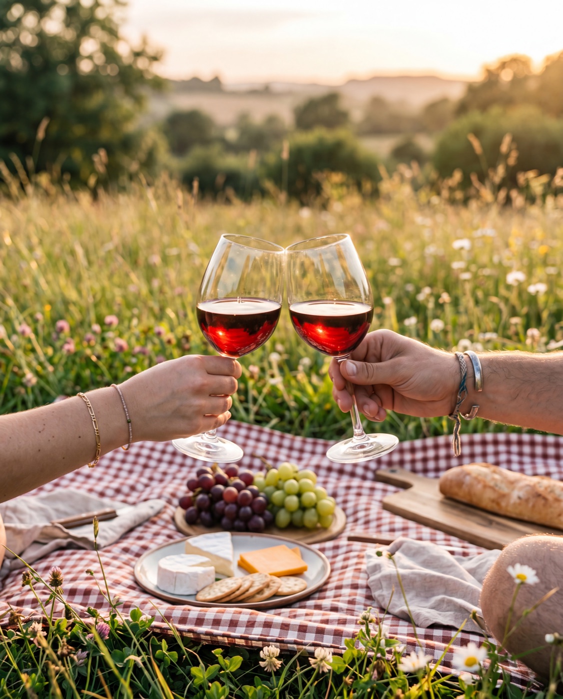 Toast over a picnic blanket in a meadow