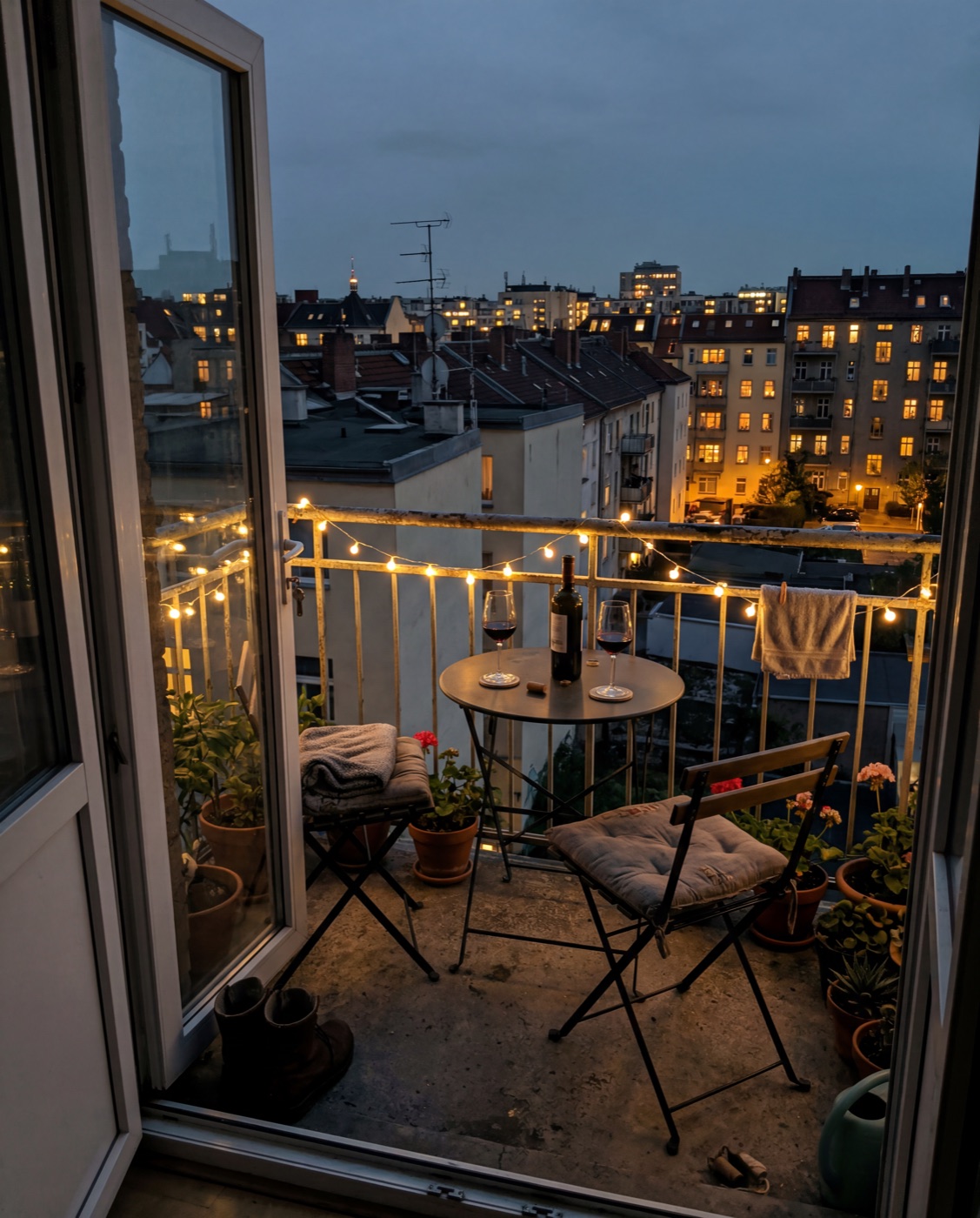 Balcony table with wine at dusk