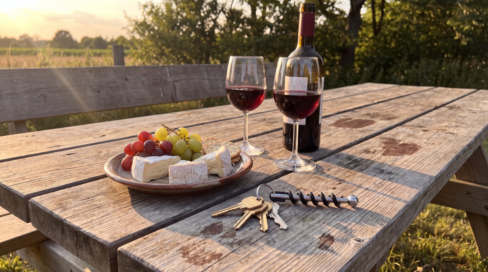 Golden hour apero table with keys and the Corklet corkscrew